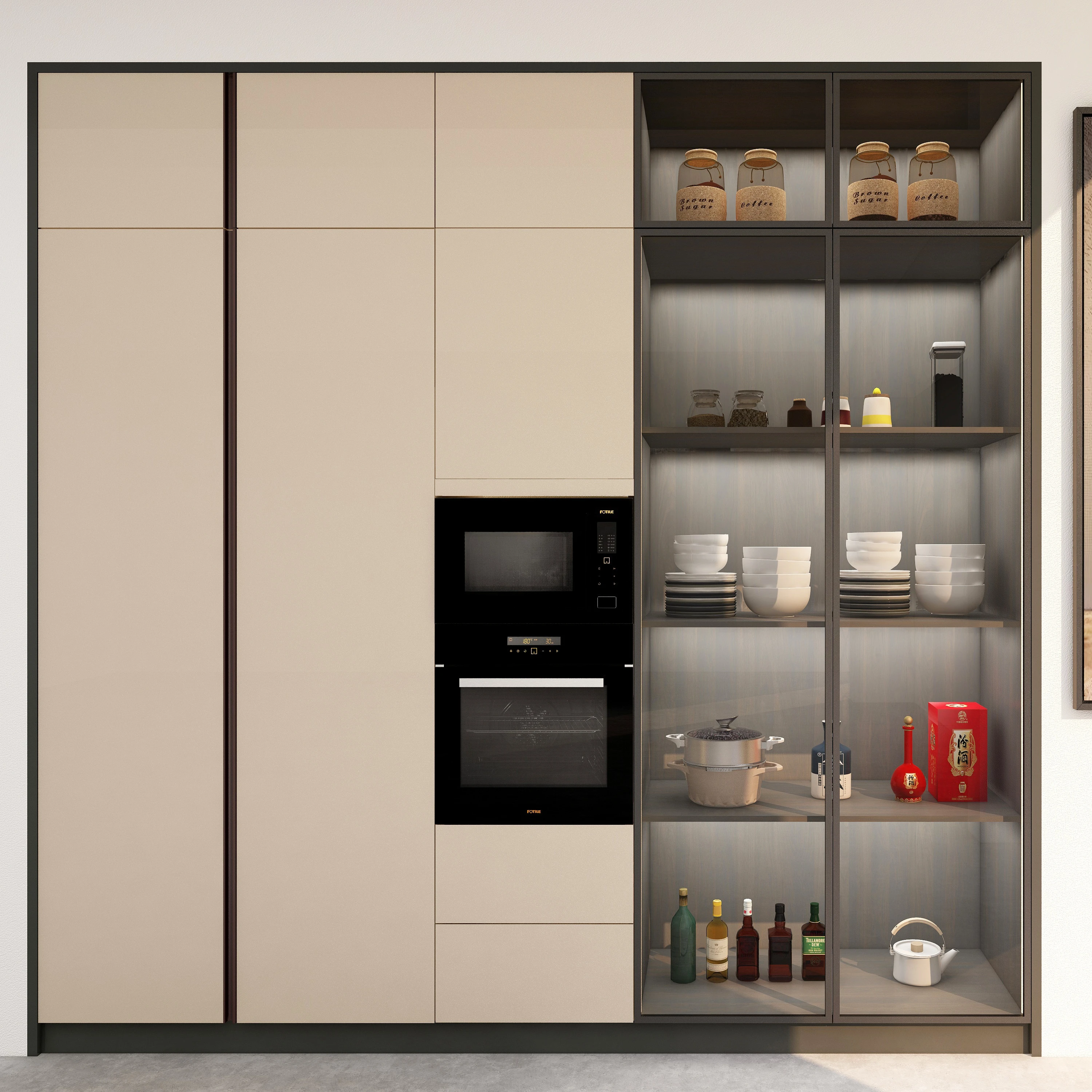 Factory customized design home european style space saving handleless glass doors pull down wooden kitchen cabinet