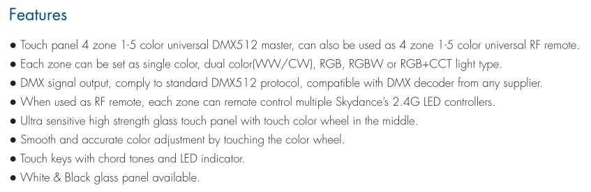 T15(IT)  4 zone RF2.4G 5 in 1 Panel remote Wall Touch glass remote switch DMX512 master RGB+CCT LED dimmer