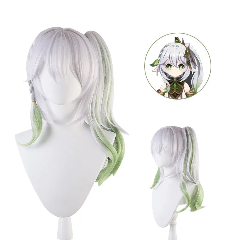 Game Genshin Impact Anime 18 inches Long Curly Silver&Green Nahida Cosplay Wig Heat Resistant Hair Wig With One Ponytail