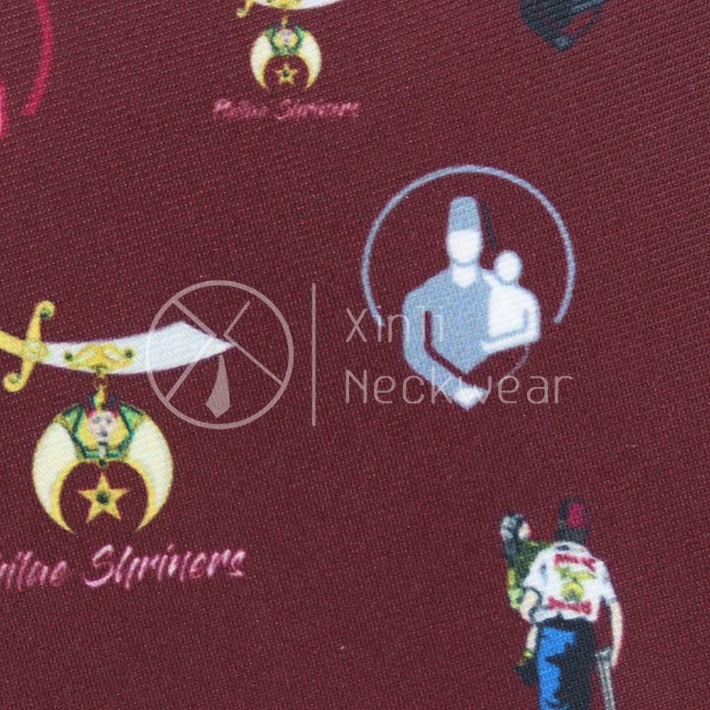 Chinese Wholesale Burgundy Red Mens Neckties Cartoon Masonic Shriner Logo Pattern Polyester Custom Printed Neck Tie