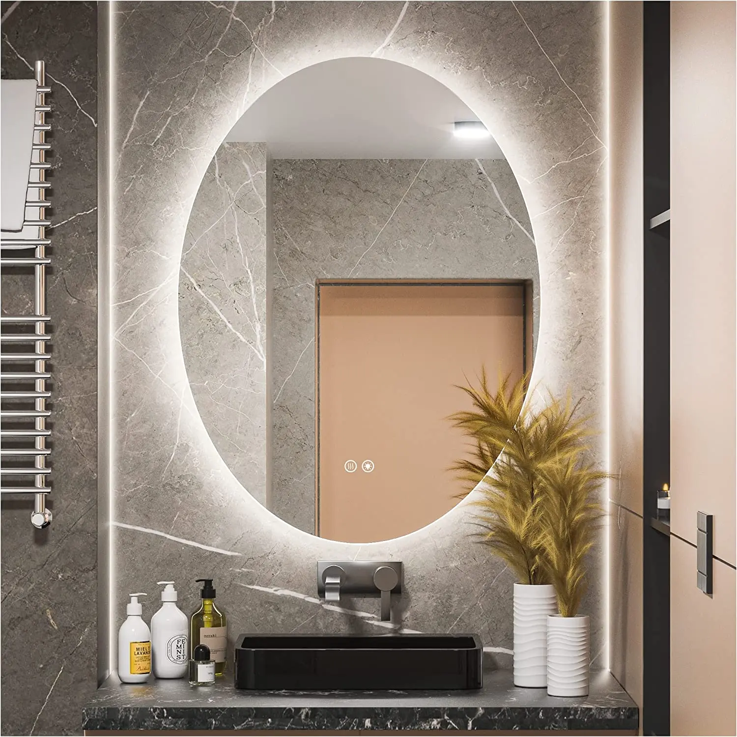 Oval Wall Mounted Touch Sensor Switch Backlit Smart Led Lights Mirrors Bathroom Mirror
