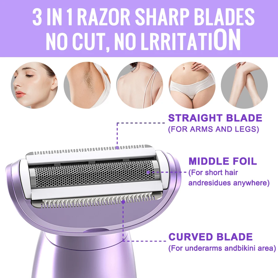 Trimmer Electric Razor Painless Lady Foil Shaver Wet Dry Cordless Waterproof Body Facial Hair Remover