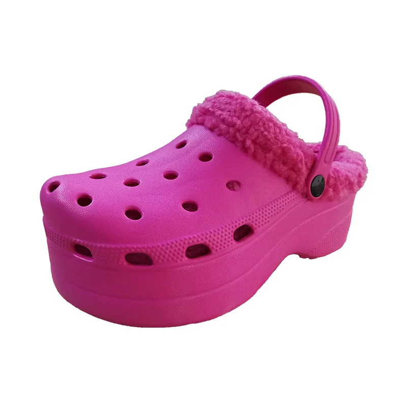 
Factory custom clog lady EVA garden shoes with plush fur inner high heel platform woman clog 