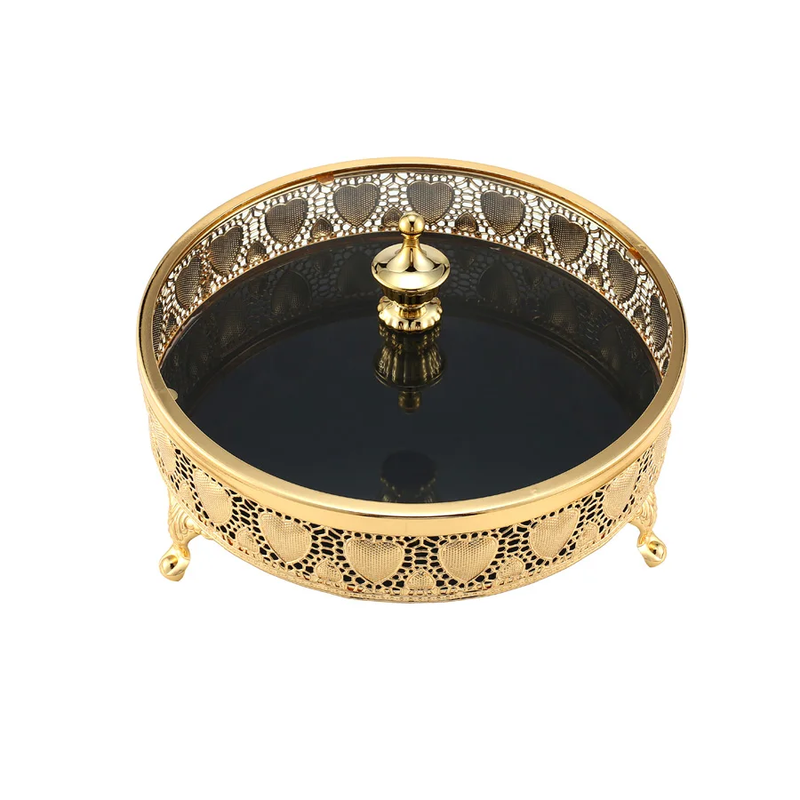 Luxury Vanity Home Decor Round Candy Box Arabic Style Ramadan Eid Gift Gold Glass Retro Antique Serving Mirror Tray With Lid