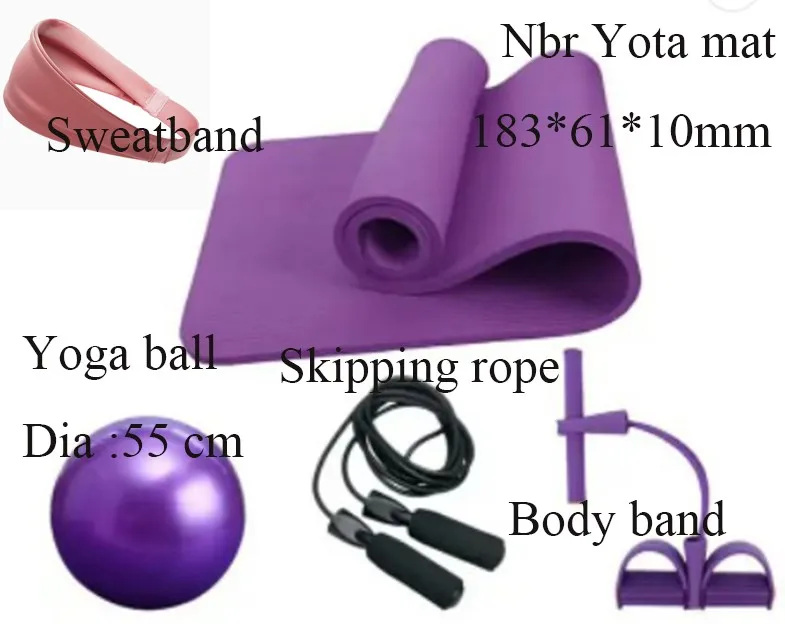 Yoga Mat Set include Exercise Ball Jump Rope Ankle Pull Pilates Ball with Pipe 6 piece Yoga Mat Products with Carrying Bag