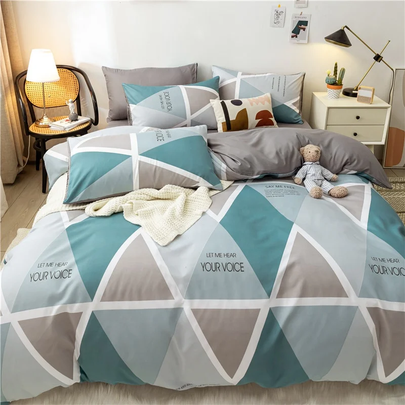 Factory Sale Geometric Grid Pattern Printing Bedding Bed Sheet 100% Cotton 4 Piece Sets Custom Hotel Bedsheet Set Duvet Cover