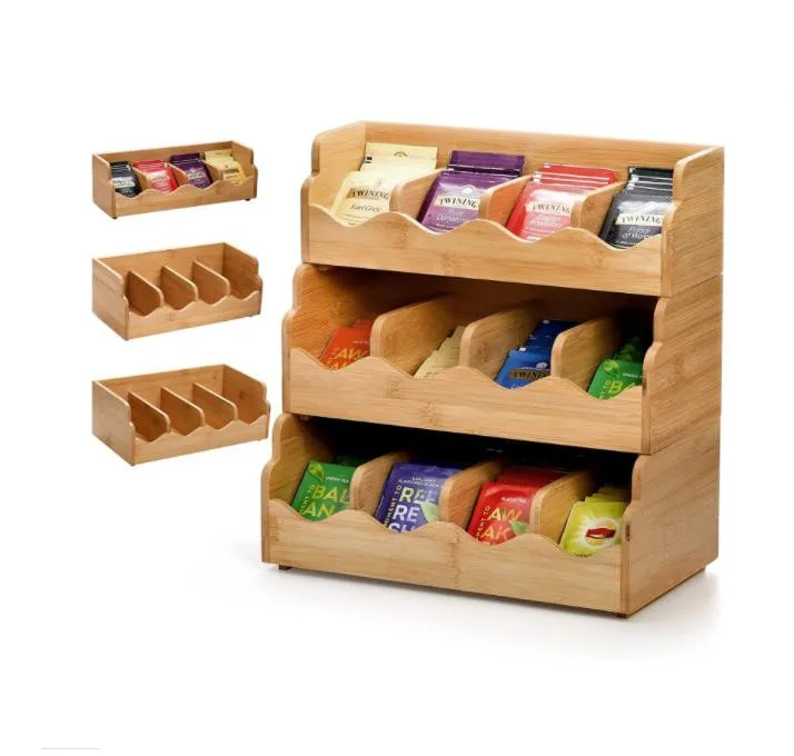 Customized Vertical Tea Coffee Bag Organizer Bamboo Three layers Holder Tea Storage Racks For Home Office