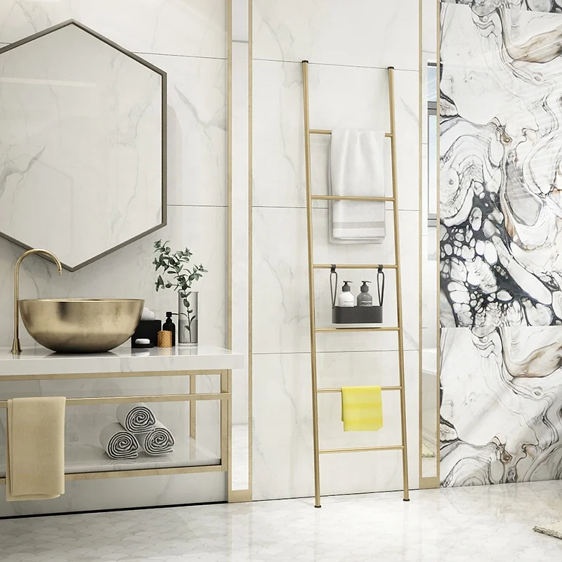 Modern Leaning Ladder Shelf For Bathroom Coat Rack Metal Hangers Gold Towel Drying Rack