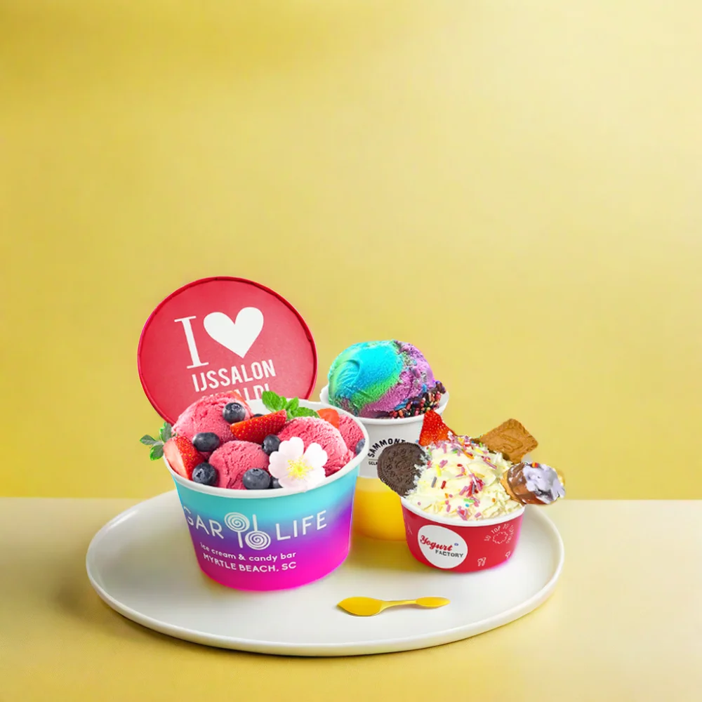 Customized 5 8 16 oz ice cream cup disposable take out dessert yogurt frozen ice cream paper cup with lids
