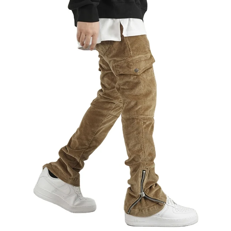 Custom Men Slim Fit Khaki Side Zipper Flare Leg Bootcut Corduroy Pants Bottom Zip Leg Men Flared Corduroy Stacked Cargo Pants