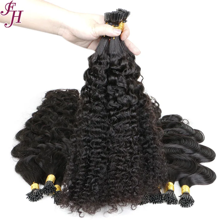 FH raw indian double drawn keratin bond i tip human hair 26 inch deep curly 10a i tip wavy human hair extensions