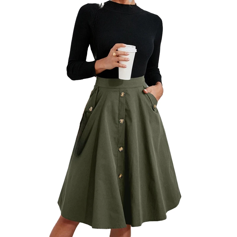 Wholesale custom OEM high quality Womens dress hot models pockets buttons waisted elegant umbrella skirt French Midi skirt