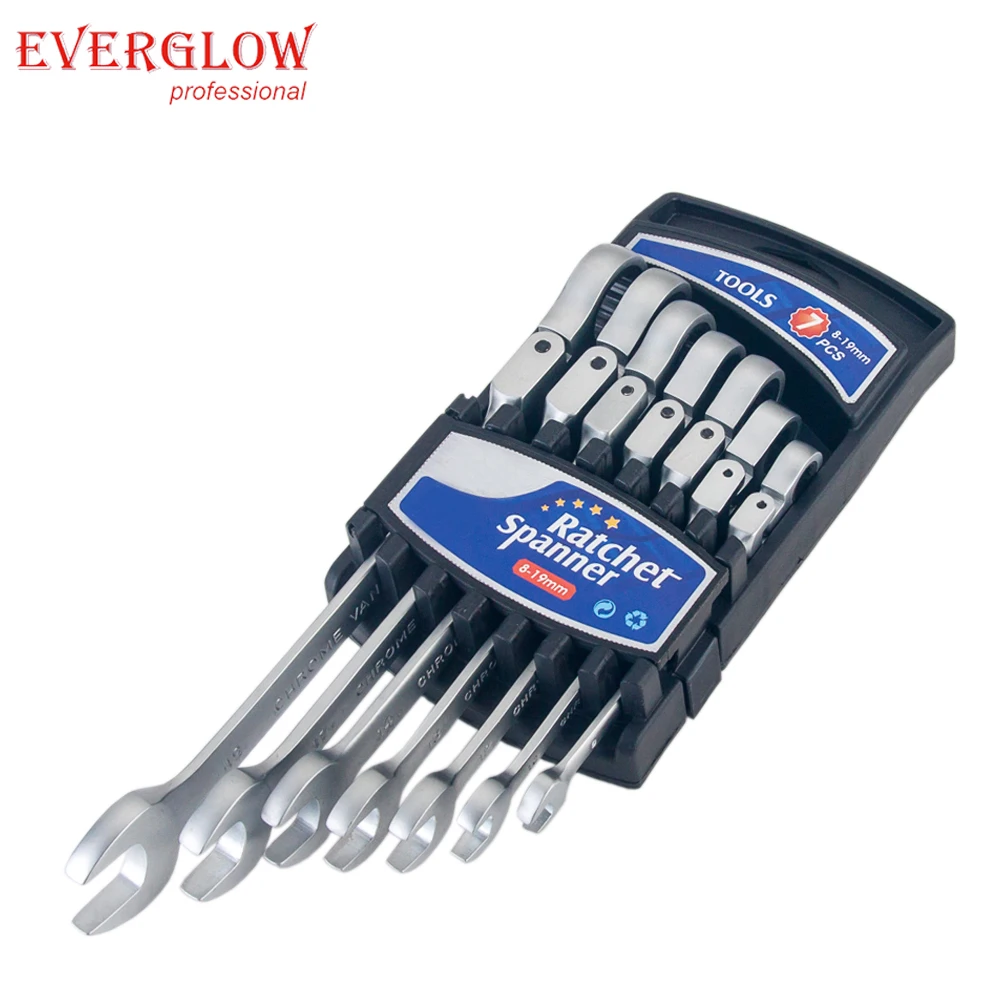 7 Piece Combination Flexible Metric mirror Ratchet Spanner Set Adjustable Head 72 teeth range  8 mm-19m with holder