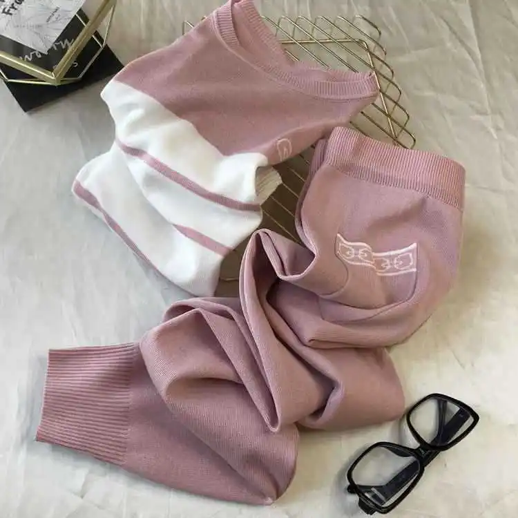 Soiling Hot sales color blocking casual street wear o neck short sleeve knit blouse women 2 piece pants set
