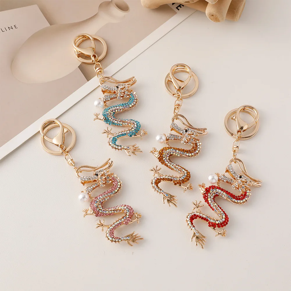 Vintage Crystal Rhinestone Dragon Keychain Women Pearl Zodiac Chinese Dragon Loong Pendant Keychain For Gift