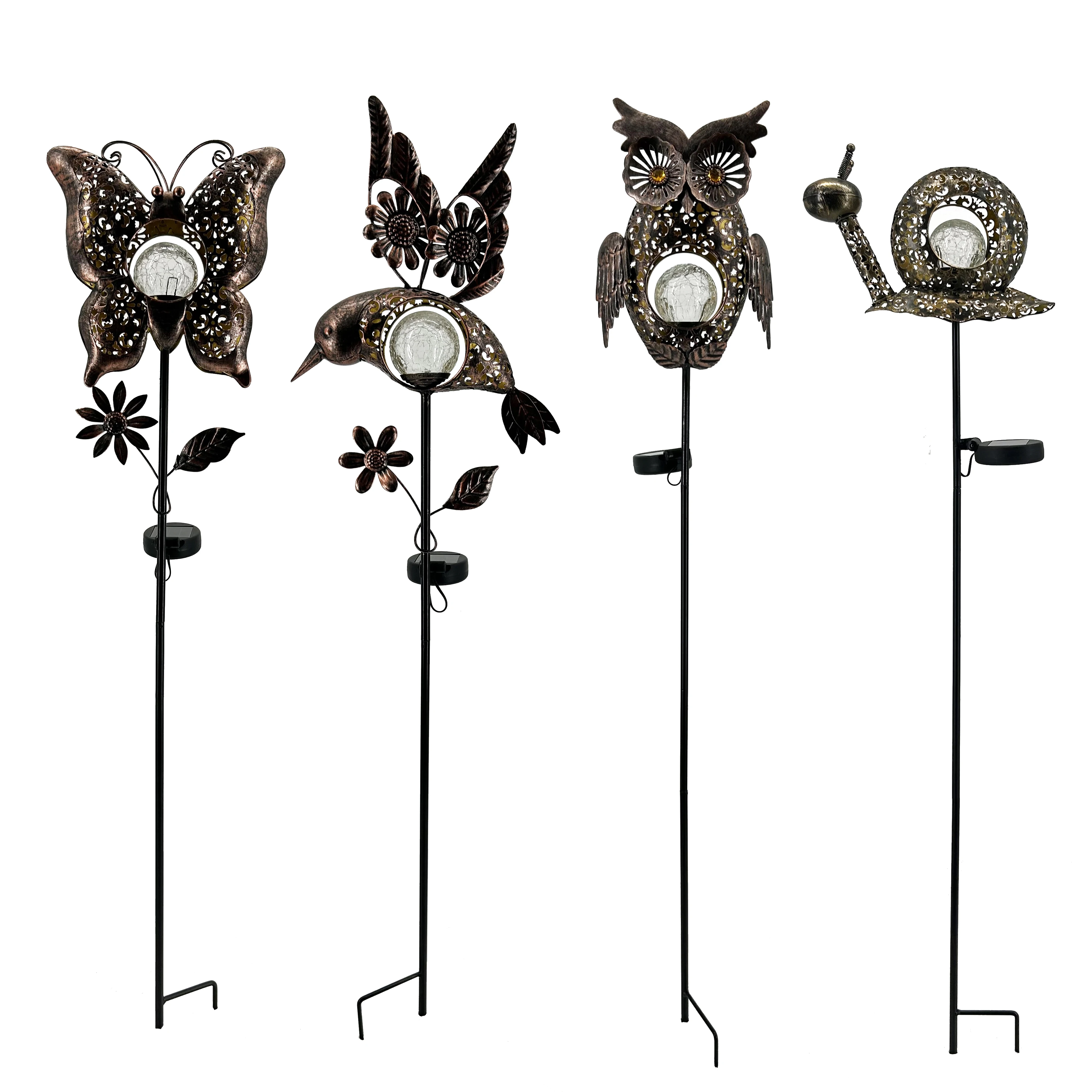 New Waterproof Metal Butterfly & Hummingbird & Owl & Snail with Crack Ball Solar Light Stake for Garden Ornaments