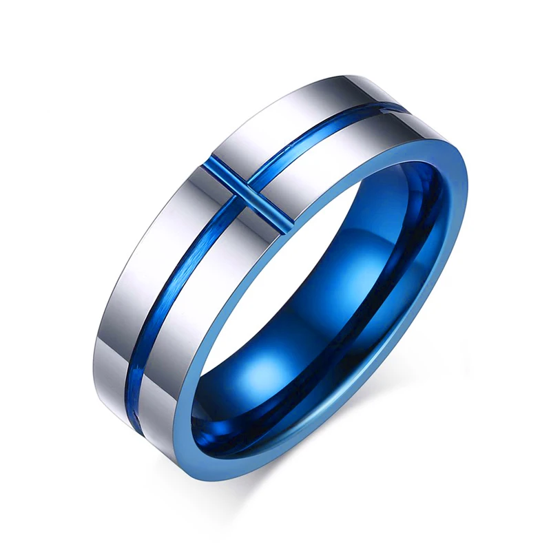 
Tungsten Steel Fashion Jewelry Titanium Steel Cross Blue Rings for Men Wedding Gift 