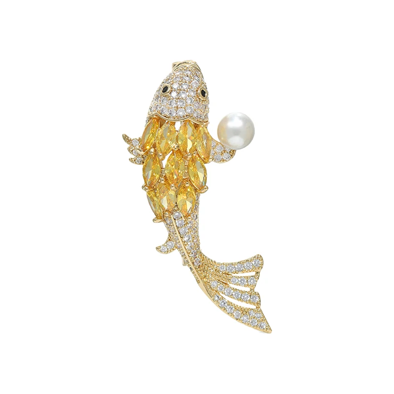 XZ60244 Good luck to high-grade gold full diamond pearl Koi brooch temperament does not wear out the suit pin