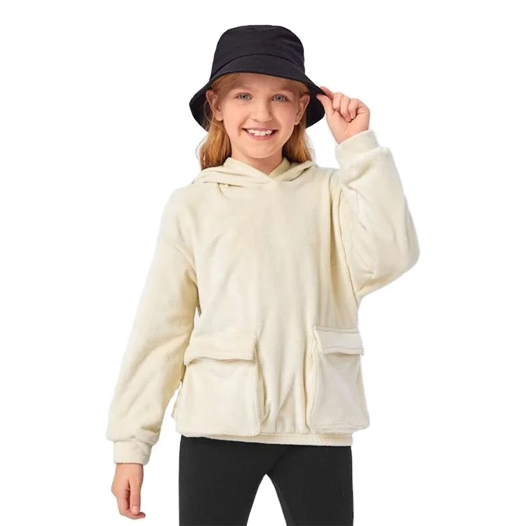 
Girls Flap Pocket Drop Shoulder Teddy Hoodie Kids Cotton Vintage Over Sized Hoodie 