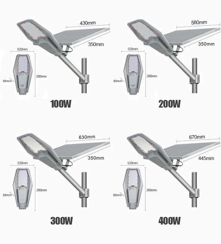 100W 200W 300W 400W Aluminum Outdoor Solar Street Lamp Road Waterproof Solar Powered Led Street Light