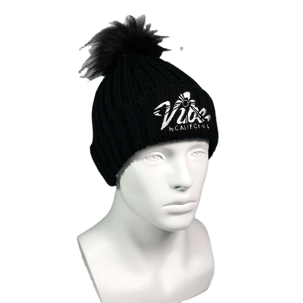 High quality knitted fur pompom for beanies Skull warmer acrylic bobble caps Custom embroidered ribbed cuff faux fur hat women