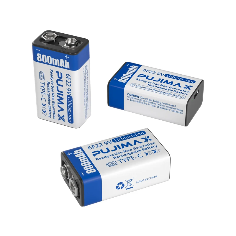 PUJIMAX 800mah type c 9v battery 1pcs 6f22 9v lithium battery multimeter rechargeable battery 9v with usb c charging cable