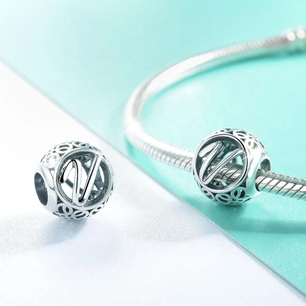 Diy jewelry 925 sterling silver custom logo alphabet metal bracelet spacer charm beads