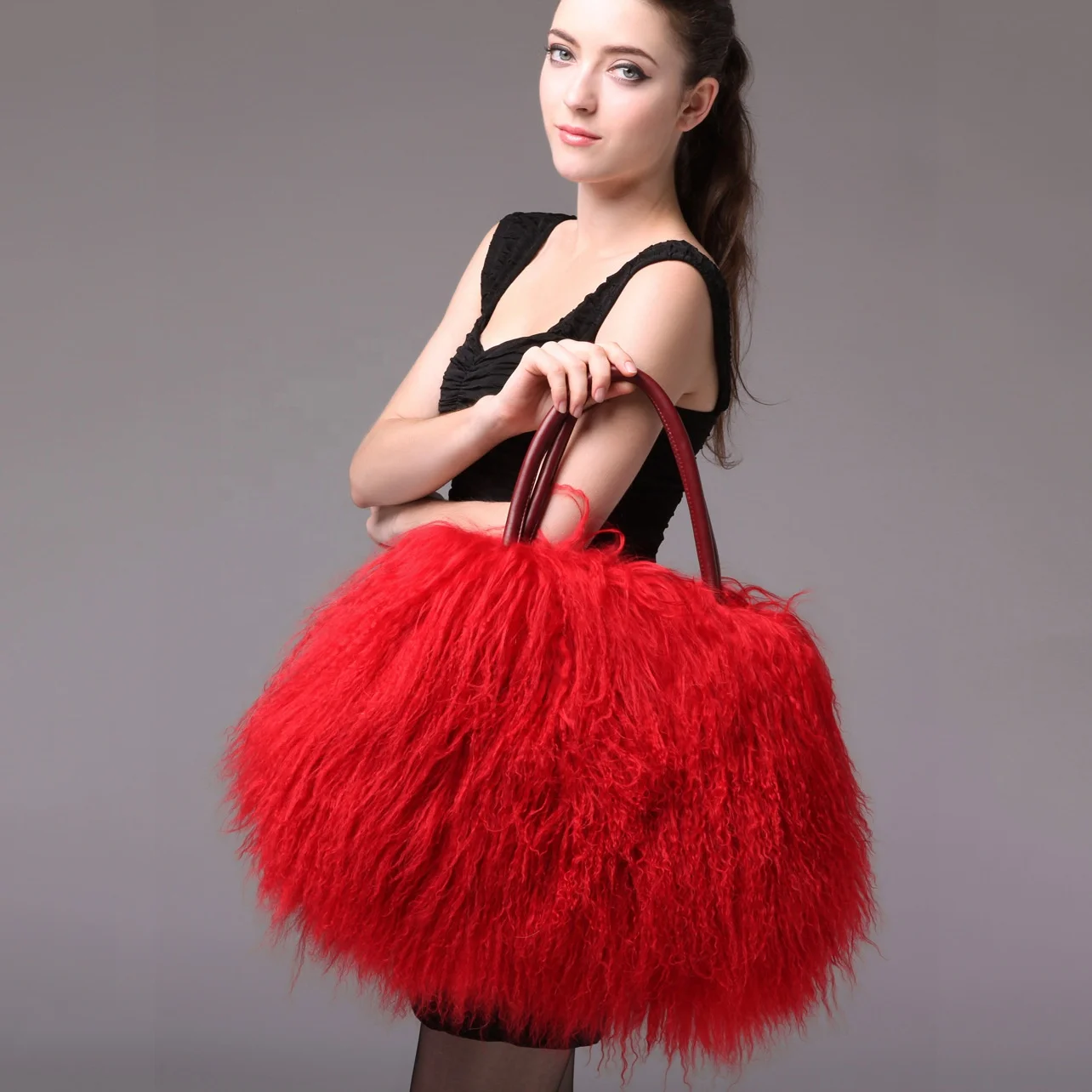 New Australian Beach Wool One-shoulder fur bean bagPortable Handbags Long Lamb Mongolia Fur Bag