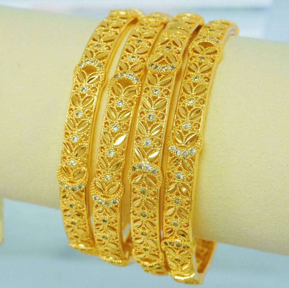 Vintage 18K Gold Plated Bangle Dubai Geometry Shine Zircon Wholesale Brass Zircons Arabic Jewelry Fashion Gold Bangles for Women