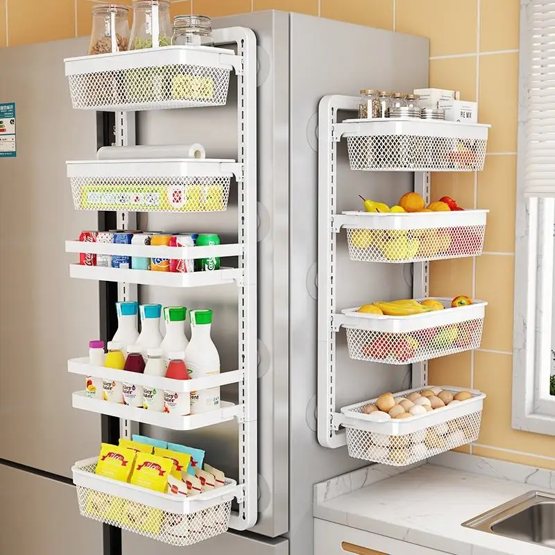 Wholesale 3 tier metal space saving wall mount adjustable hanging baskets spices rack shelf organizer kitchen for refrigerator