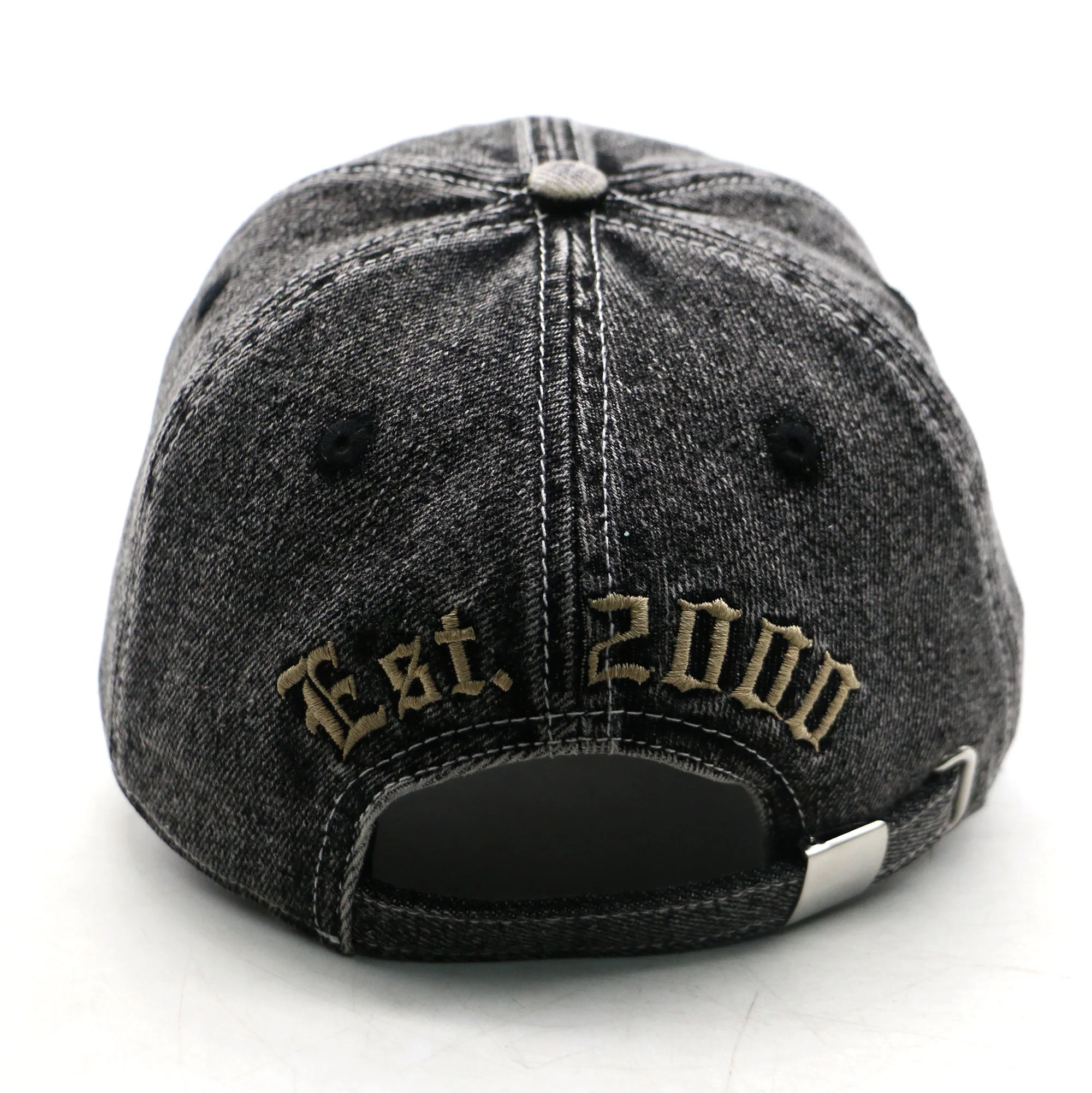 washed denim distressed 6 panel baseball hats curved brim adjustable strap with custom tag