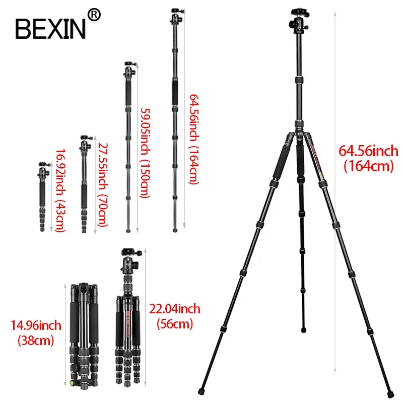
BEXIN travel 10kg loading 5-section 360 degree rotation ball head Aluminum compact heavy duty camcorder video camera tripod 
