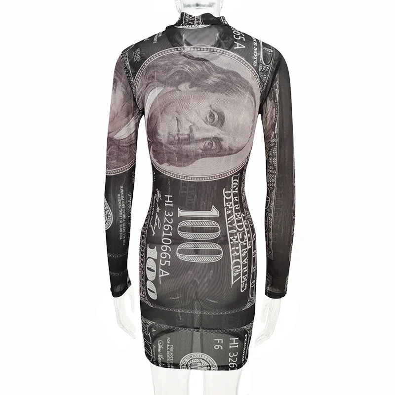 2022 Trendy Sexy Dollar Print Dresses Women Bodycon Girls Skirt long sleeve Women bodycon mini dress spring Casual Dresses