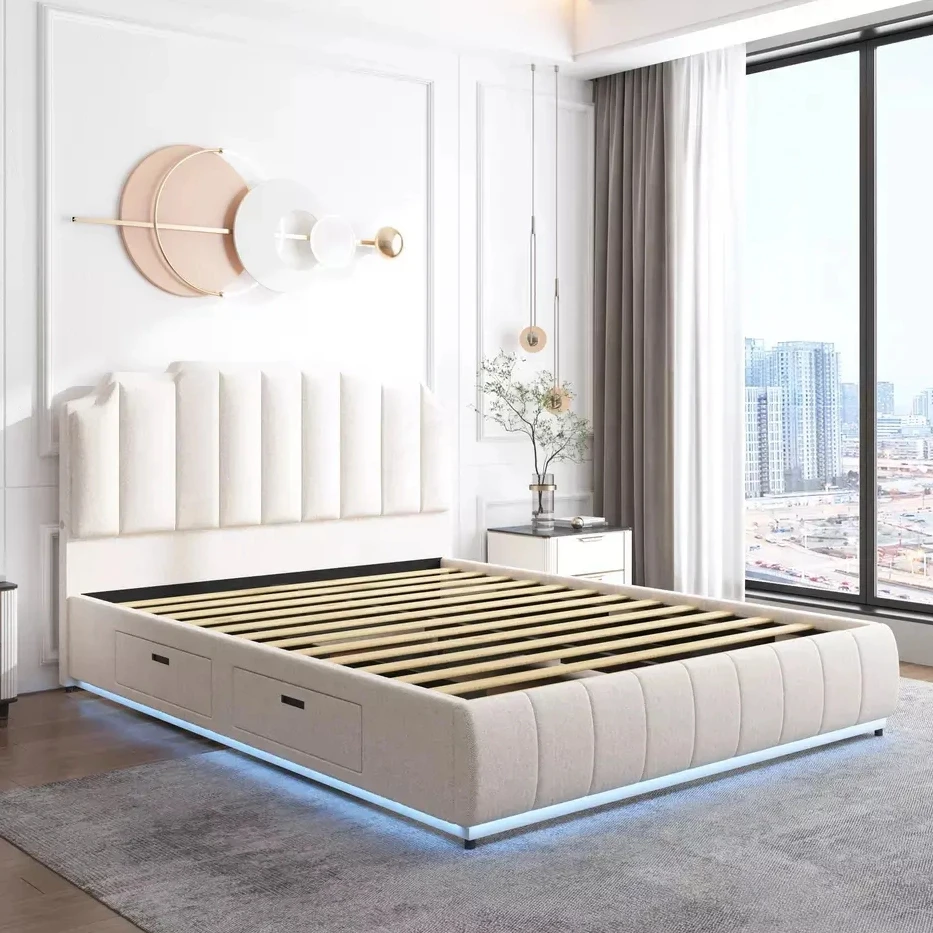 Hotel Tufted Wood Double Queen King Size Bed Frame and Upholstered Bed Headboard Frame