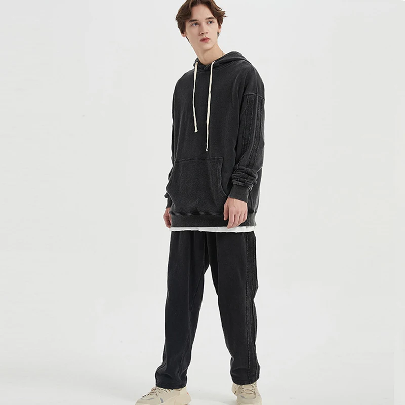 Mens High Street Fashion Brand Loose Stitching Distressed Wide-leg Trousers Washed Casual Heavyweight  Straight Leg Sweatpants