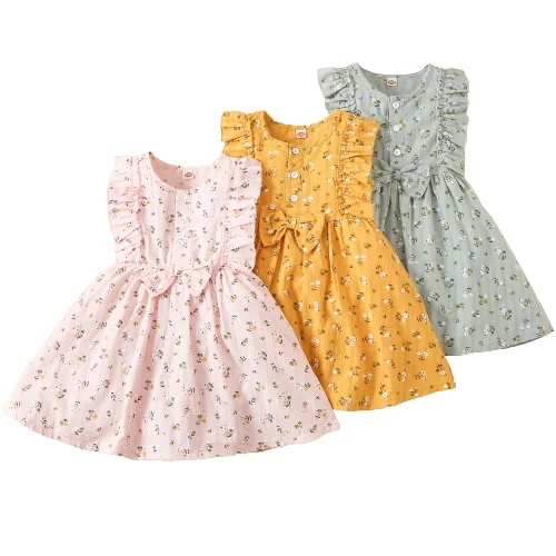 2022 Toddler Baby Girls Sleeveless Ruffles Floral Printed Bowknot Princess Dress New Summer Casual Newborn Infant Clothing