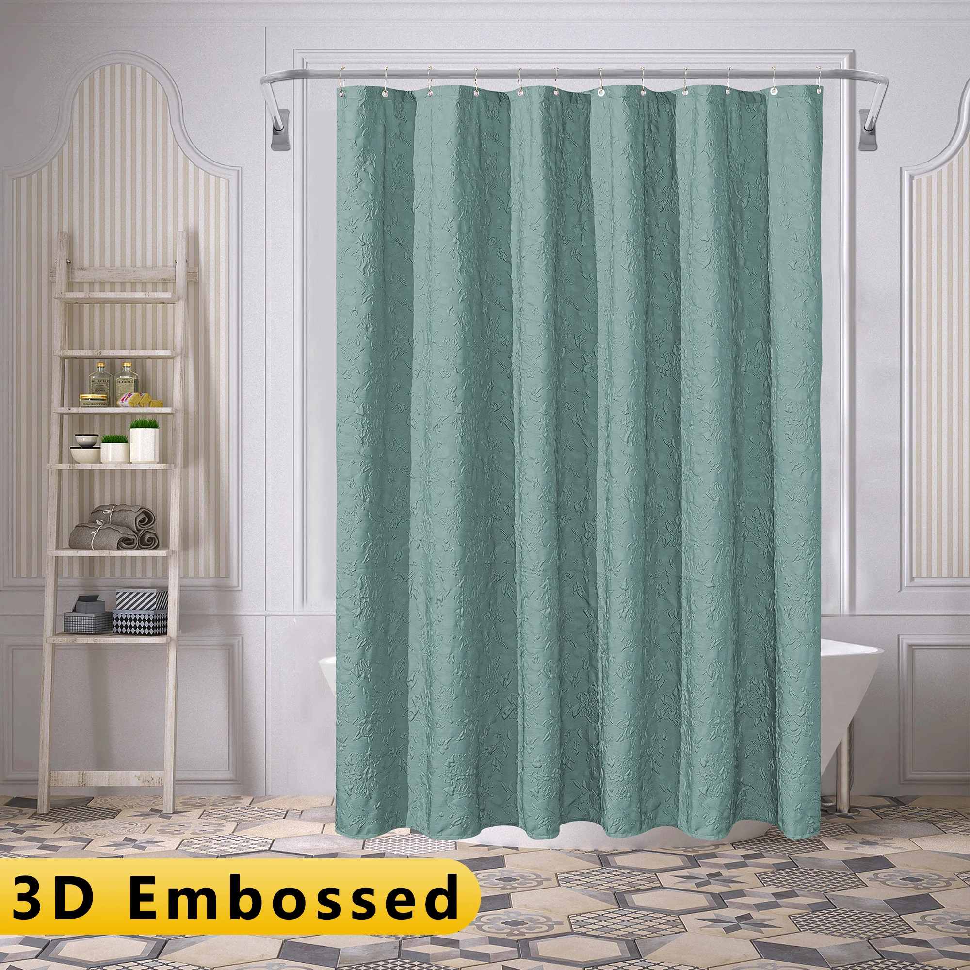 3D Embossed Green Shower Curtain for Bathroom Textured Fabric Shower Curtain Double Lace Cloth Shower Curtain Set with Hooks