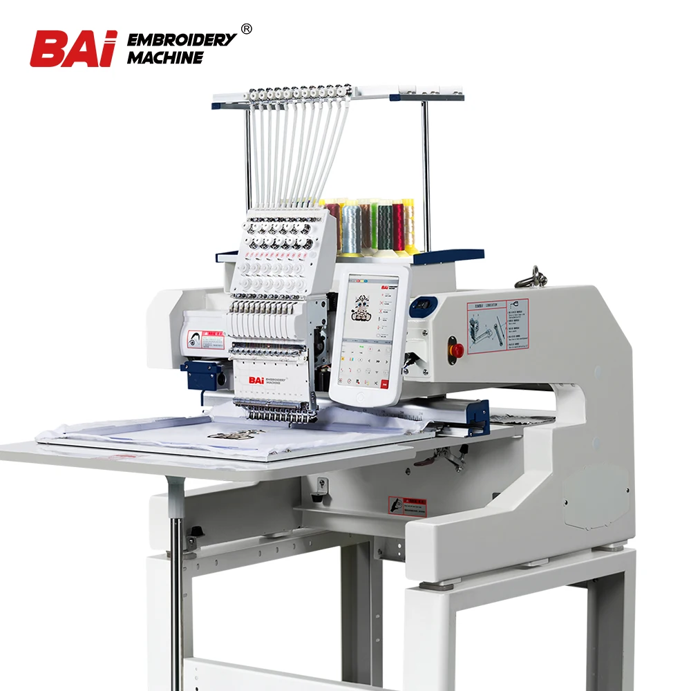 BAI High speed portable 12 needles single head fabric hat embroidery machine factory in china