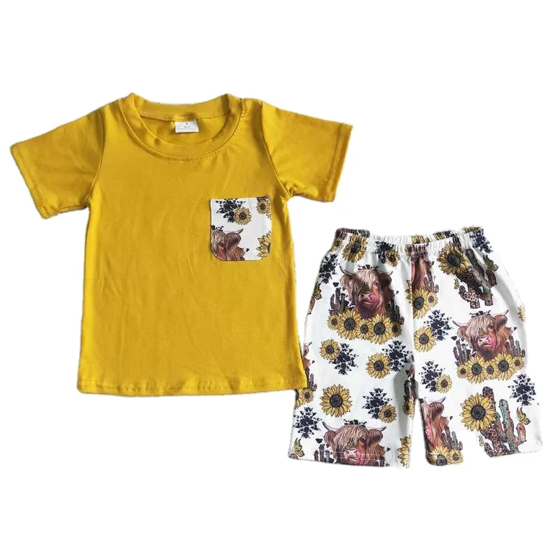 2022 Baby Western Boy New Design RTS Yellow Short Sleeves Shirt White Sunflowers Print Shorts Hot Selling Daily Wearing Fashion
