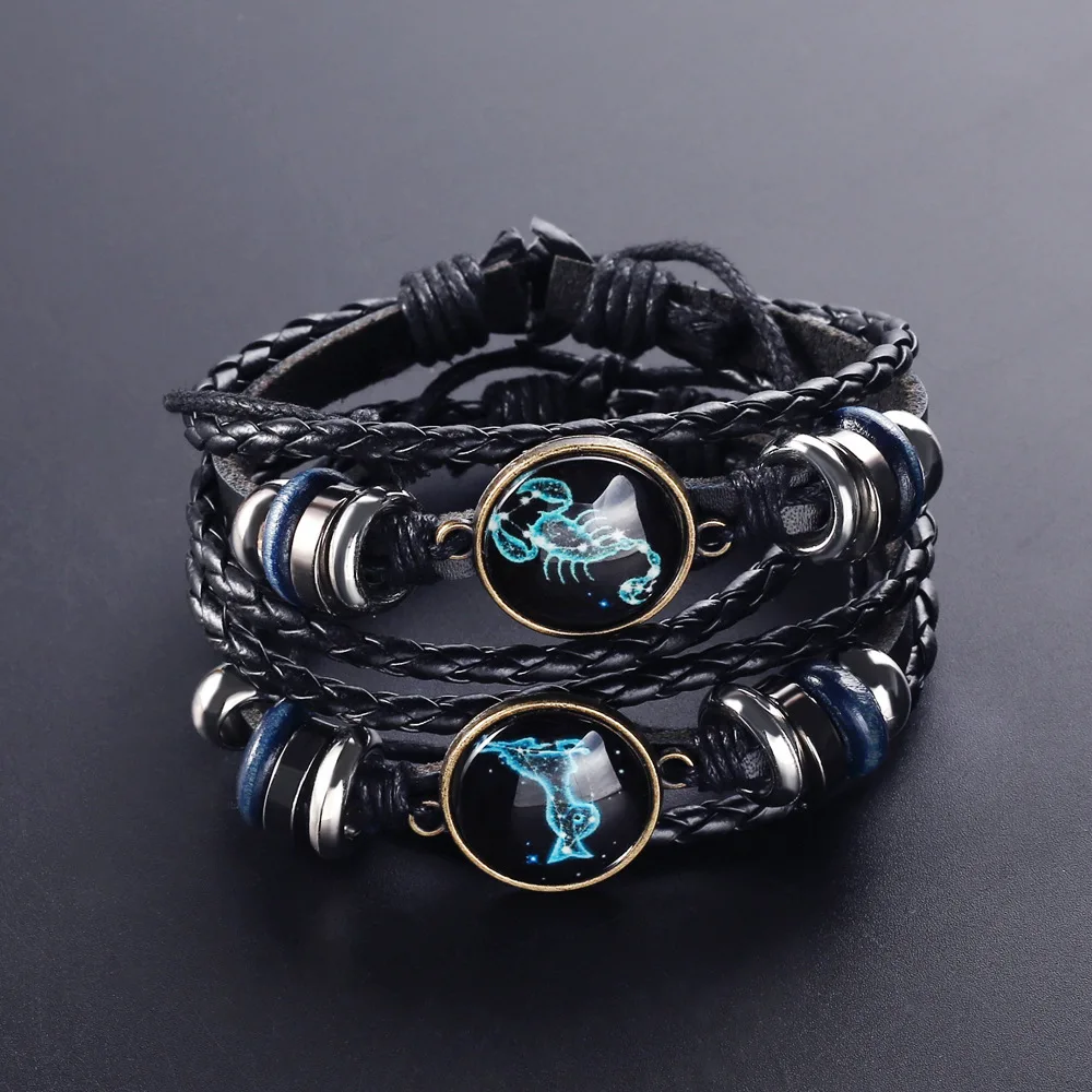 New Fashion Zodiac Stars Stainless Steel Bracelet Jewelry Leather Handwoven Bracelets Custom Couple Bracelets