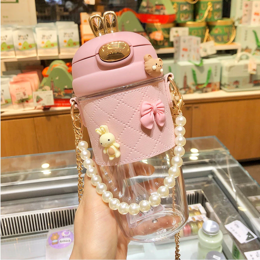 W2 Children Rabbit Plastic Water Bottle Cup Ins Girl Kids 380ml 580ml Portable Cute Plastic Water Bottle with Straw