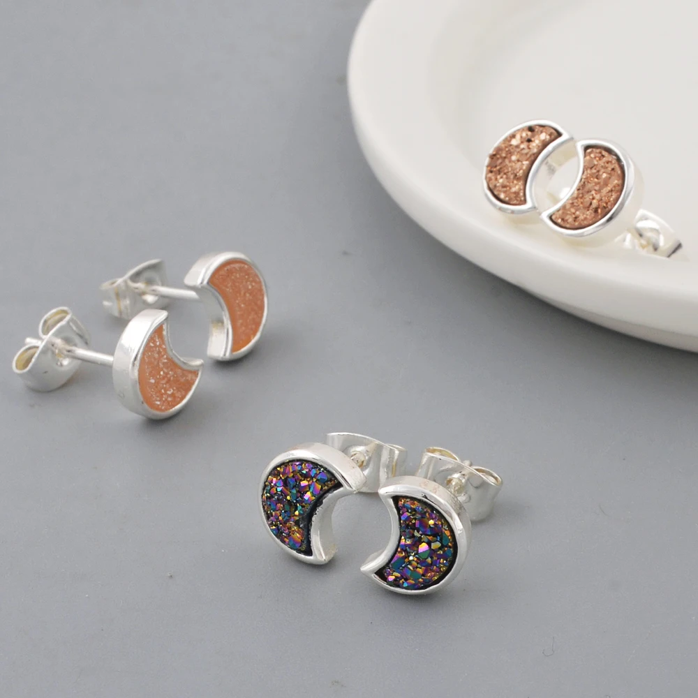 ZG0282 Tiny Gold Moon Shape Druzy Stud Earrings Gold Plated Bezel Druzy Earrings