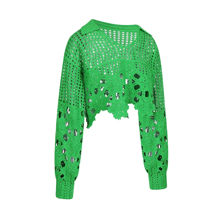 Knitwear manufacturers custom green polo collar long sleeves cutout women crochet sweater