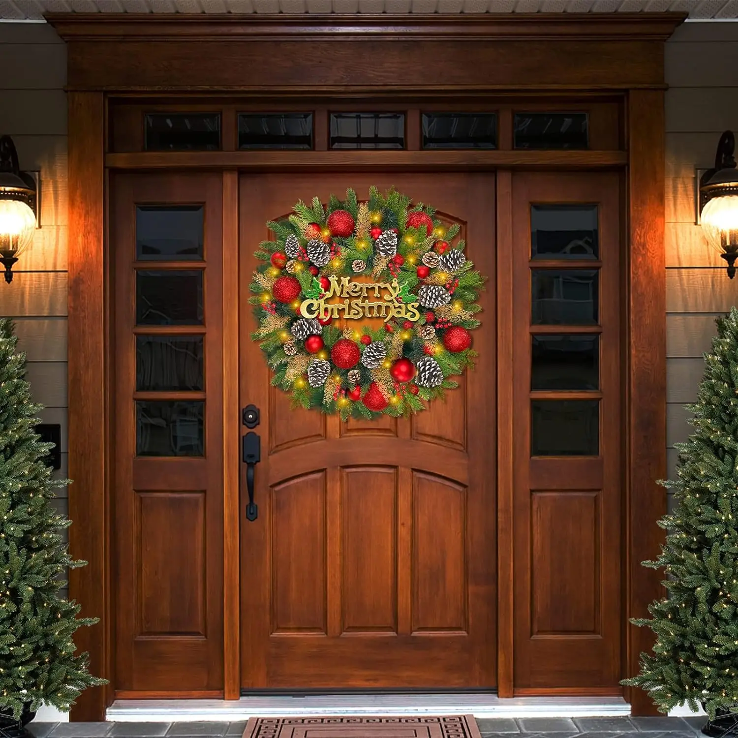 Christmas wreath with  light balls and pine cones are suitable for all occasions and bring a merry Christmas atmosphere