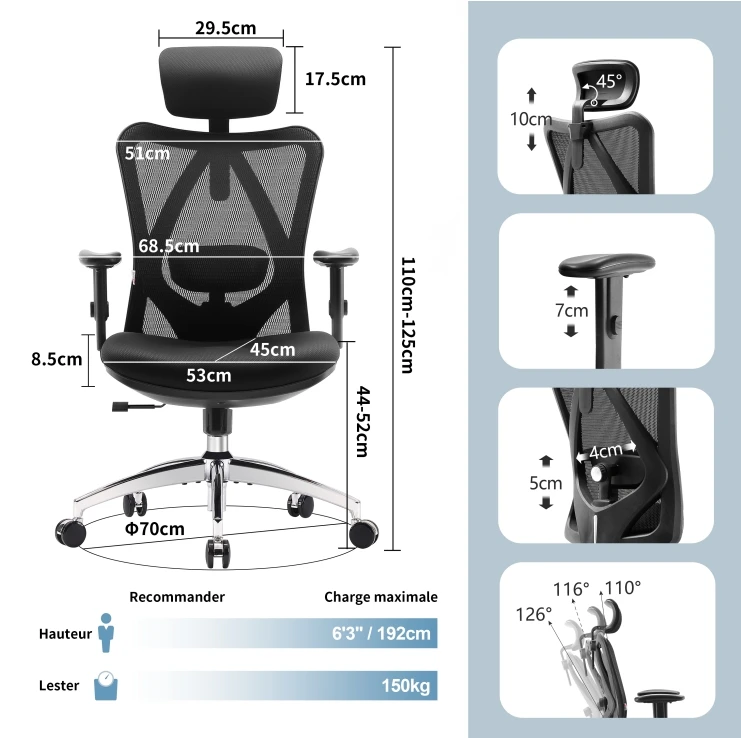 SIHOO M18 Modern Ergonomic Chaise Bureau Integrated S -shape backest Ergonomic Office Mesh Chair