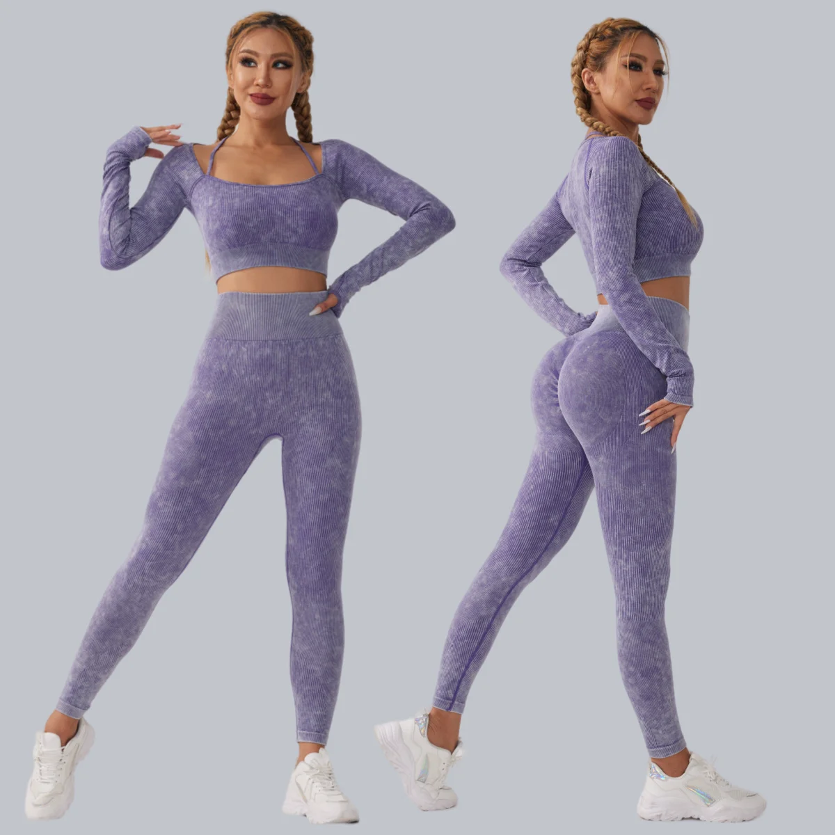 New Design Active Wear Ribbed Long Sleeve Scrunch Butt Leggings Gym Fitness Sets Women Seamless Yoga Set