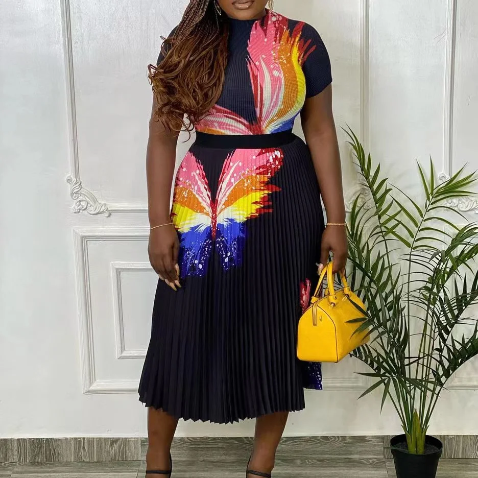 New style fashion short sleeve T-shirt+ruched skirt sexy casual printed 2 pieces sets temperament suits plus size women clothing