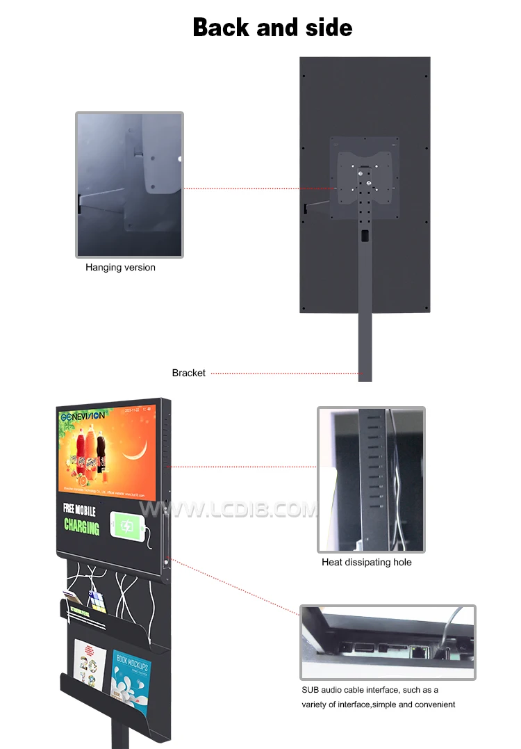 phone charging 21.5 inch floor stand lcd advertising display with Magazine holder bookshelf