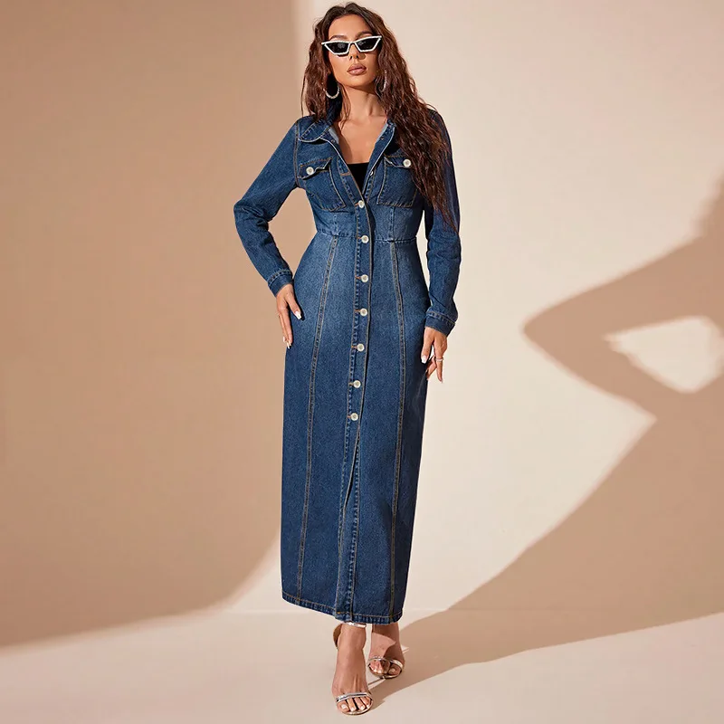 China manufacturer blue jeans long dress button jean dresses denim women denim dresses for ladies