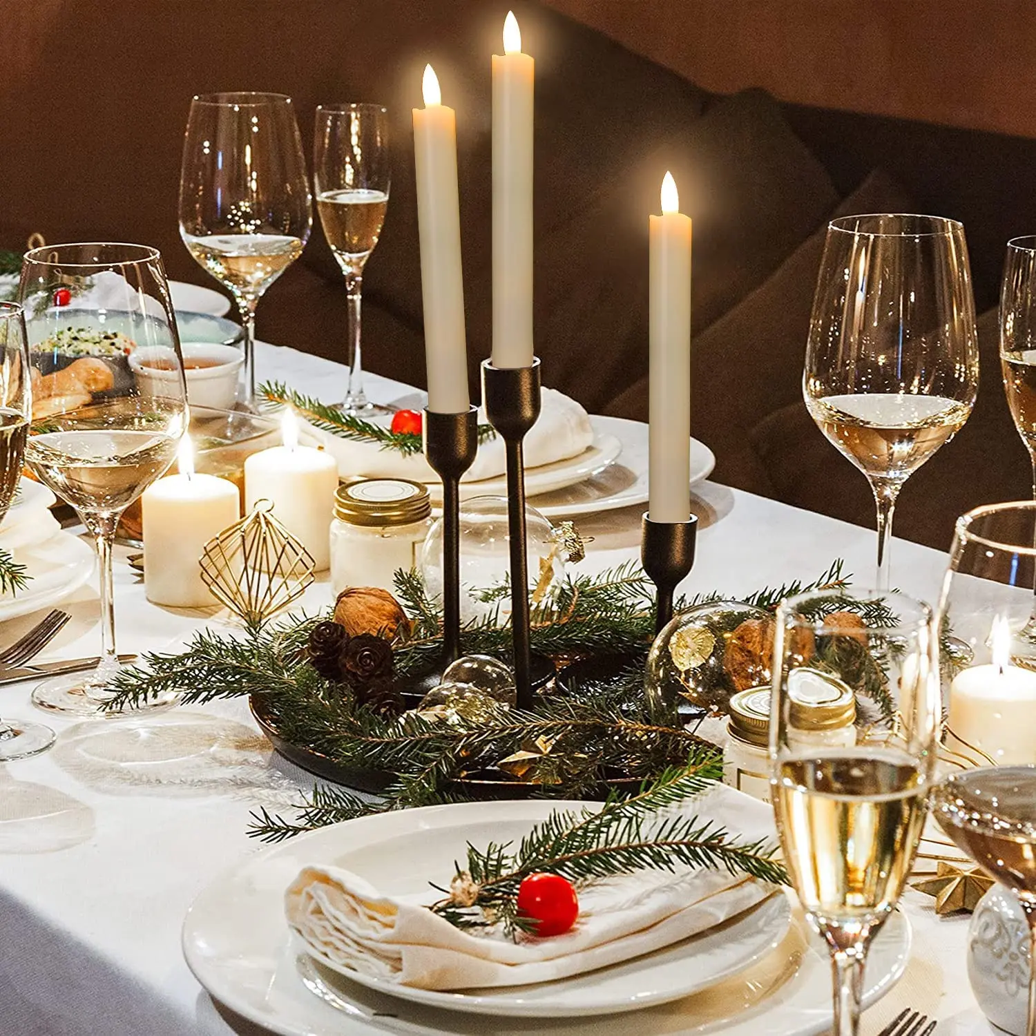 Battery Plastic 3D Flame Electric LED Warm Light Flickering Flameless Window Taper Candles with Remote Timer for Wedding Dinner